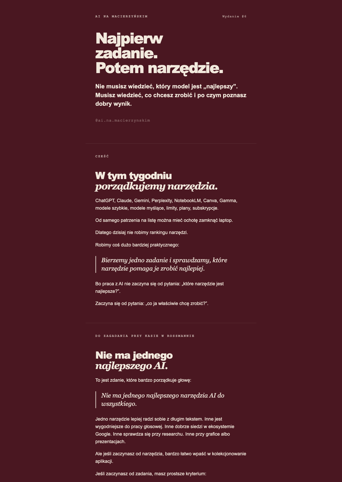 Newsletter „AI na macierzyńskim", wydanie 6 – Najpierw zadanie, potem narzędzie